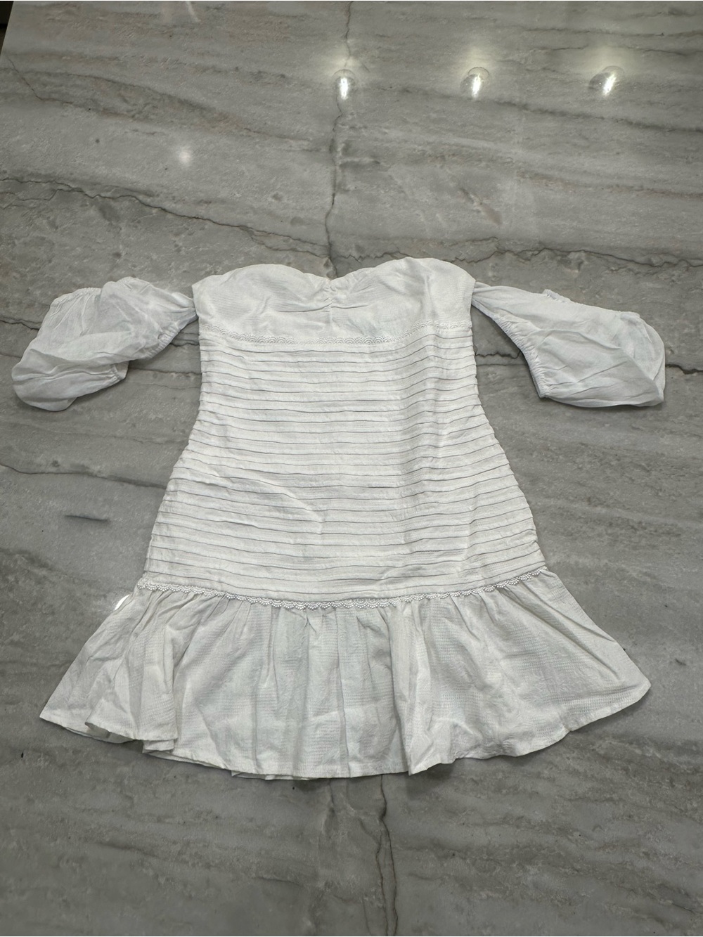 Hello Molly White Off-Shoulder Pintuck Mini Dress with Ruffle Hem